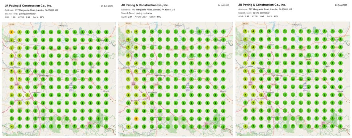 Map rank for “paving contractor”, scans 24 Jun–24 Aug 2025: 1.96 average rank on 24 Aug 2025, 88% map share