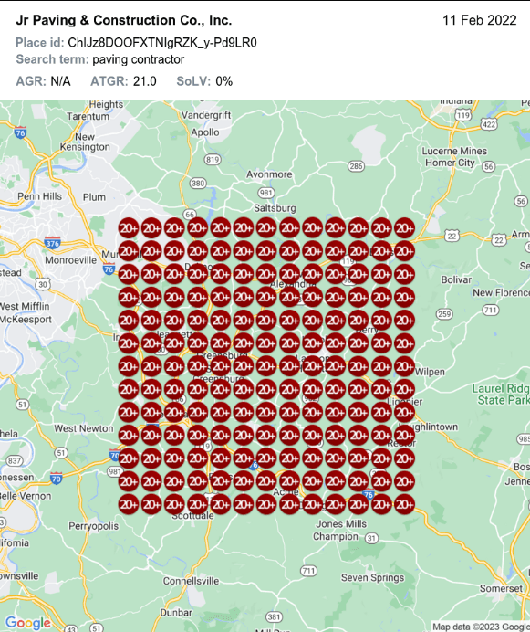 Map rank for “paving contractor”, 11 Feb 2022: outside the top 20 everywhere, 0% map share