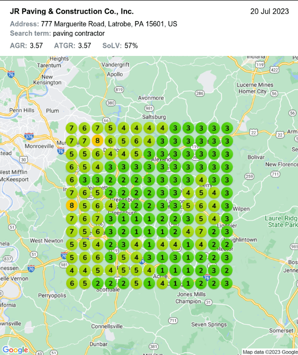 Map rank for “paving contractor”, 20 Jul 2023: 3.57 average, 57% map share