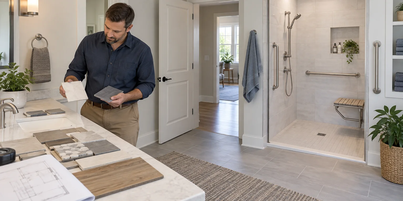 Illustration of a remodeler comparing tile samples in a bathroom with a low-threshold shower and grab bars.