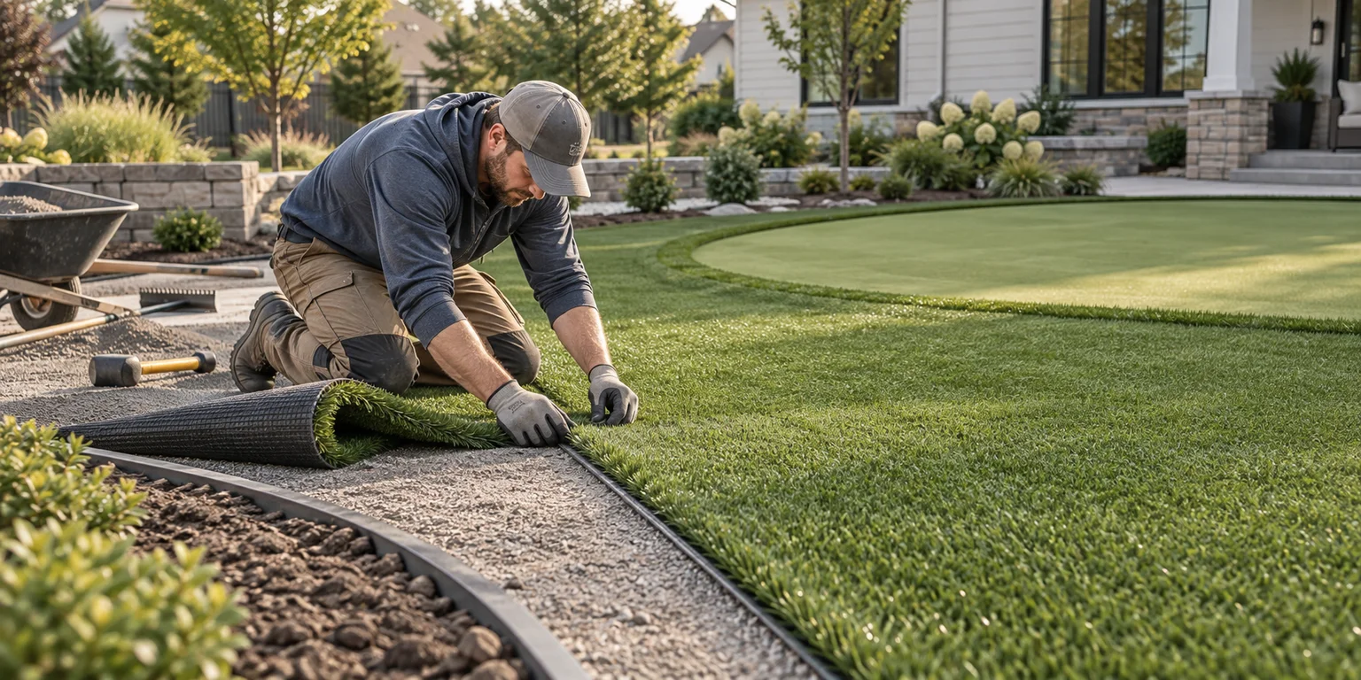Illustration of a worker joining artificial turf beside a small residential putting green.