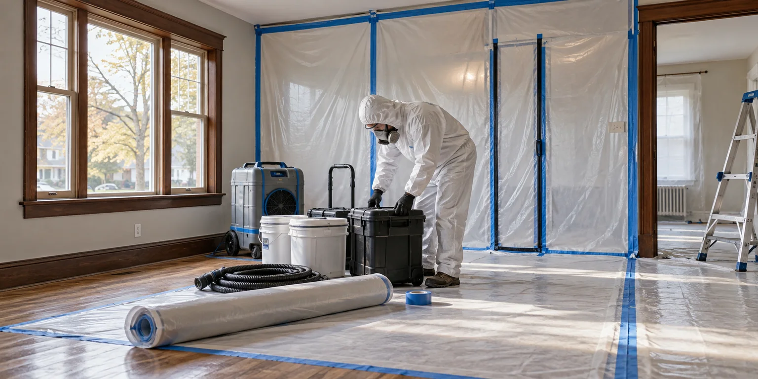 Illustration of an abatement work zone with containment sheeting, equipment and a worker in protective coveralls.