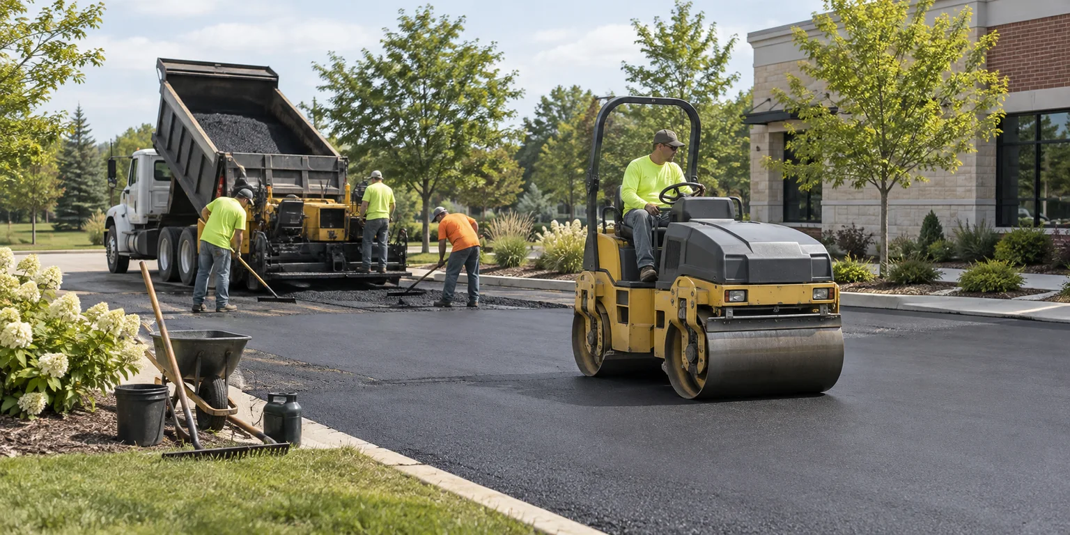 Illustration of a paving crew laying asphalt in a modest commercial parking area with a compact roller.
