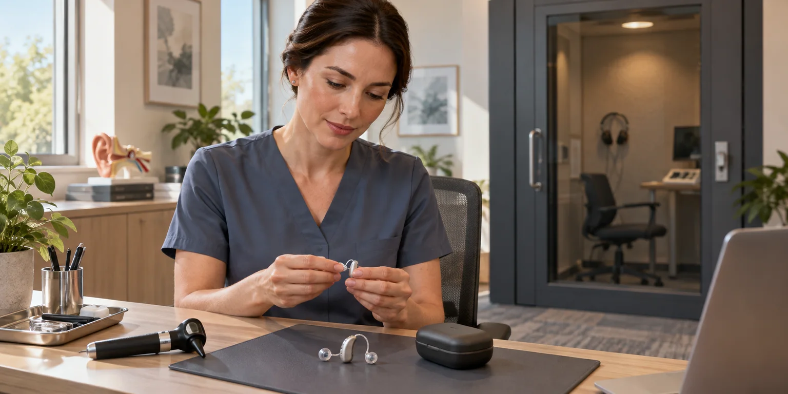 Illustration of an audiologist reviewing hearing aids beside an otoscope, with an empty testing booth behind.