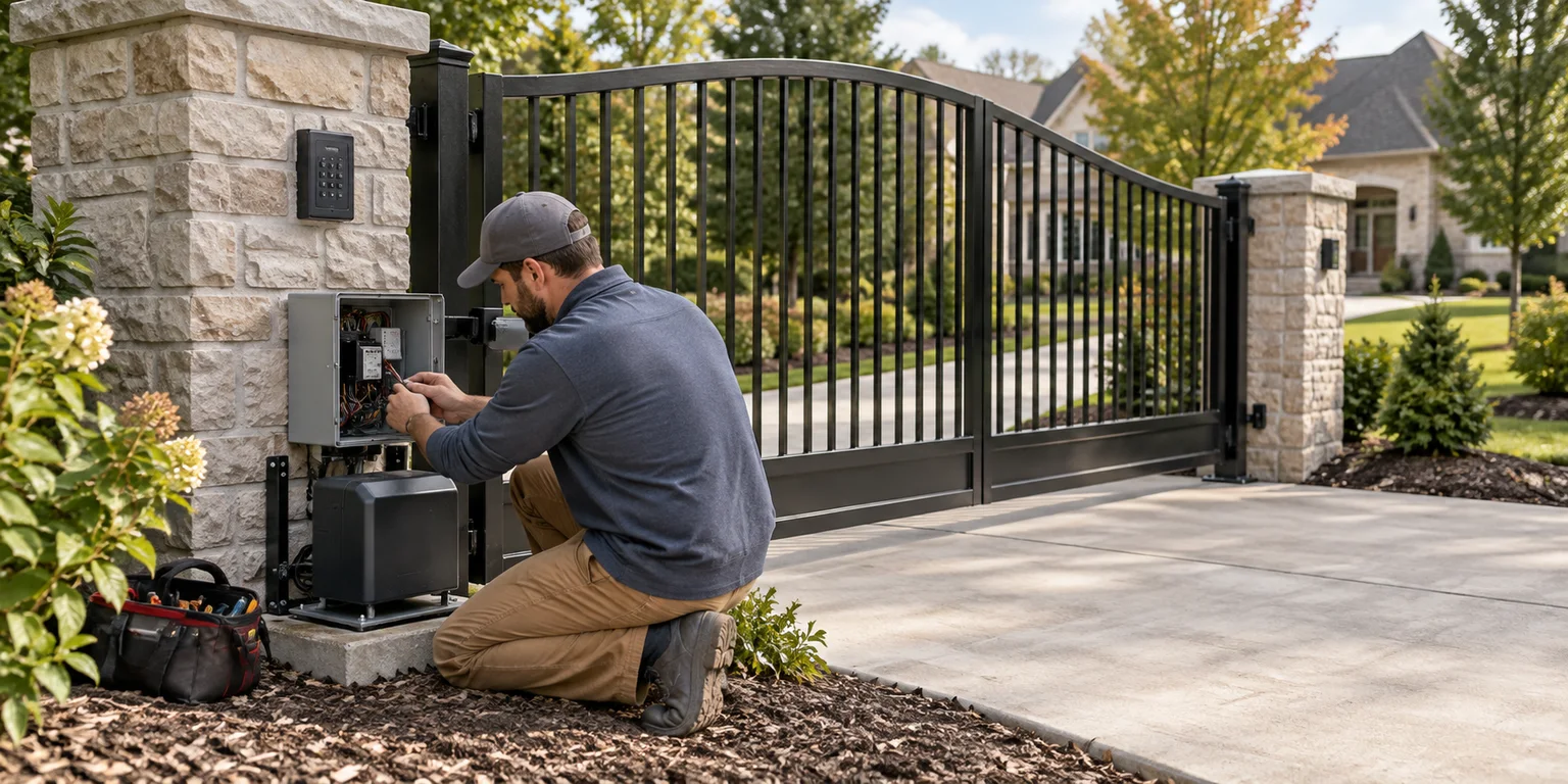 Illustration of a technician working on an automatic driveway gate’s motor and access-control enclosure.