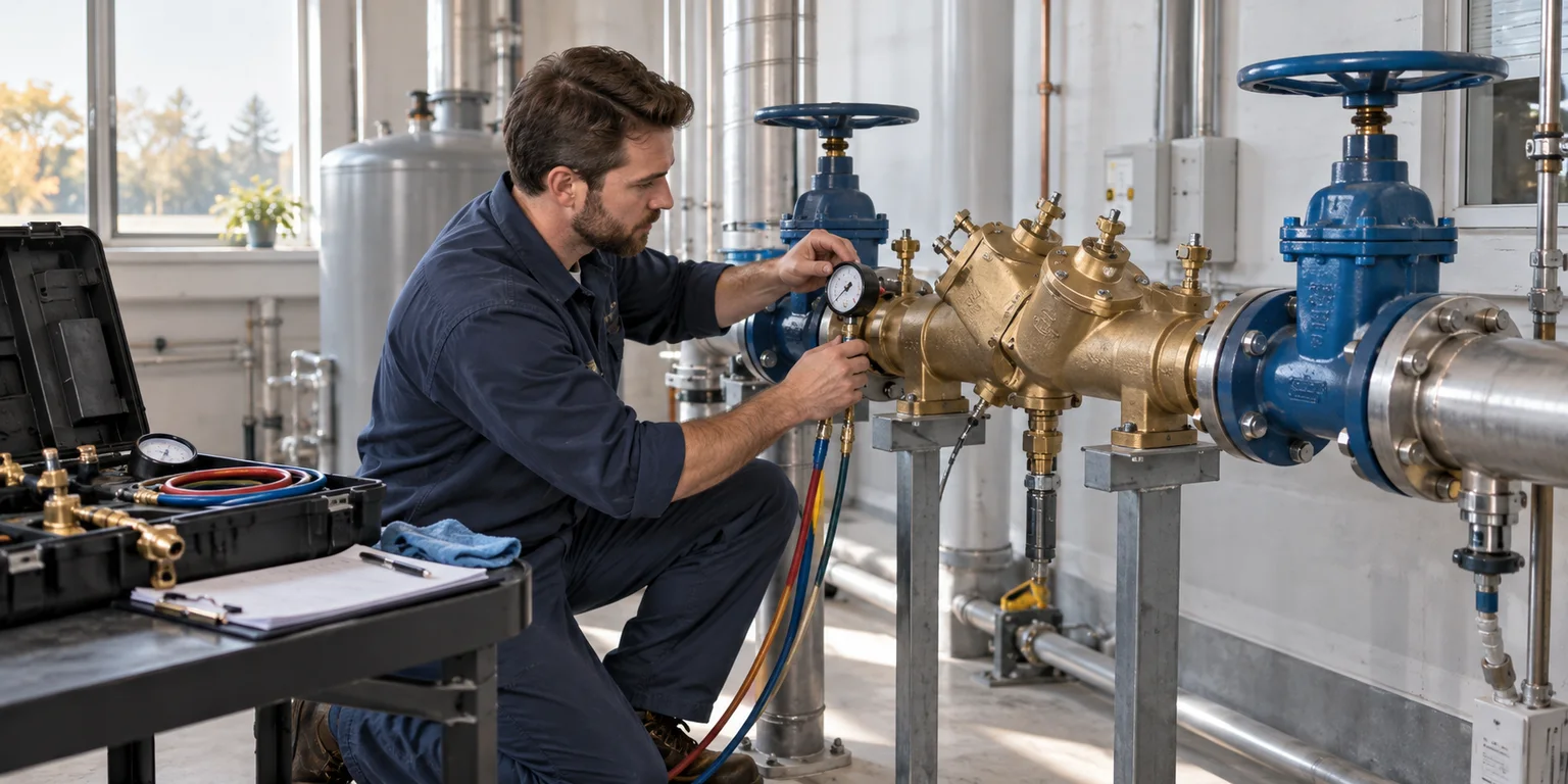 Illustration of a technician checking a brass backflow prevention assembly with a testing kit in a mechanical room.