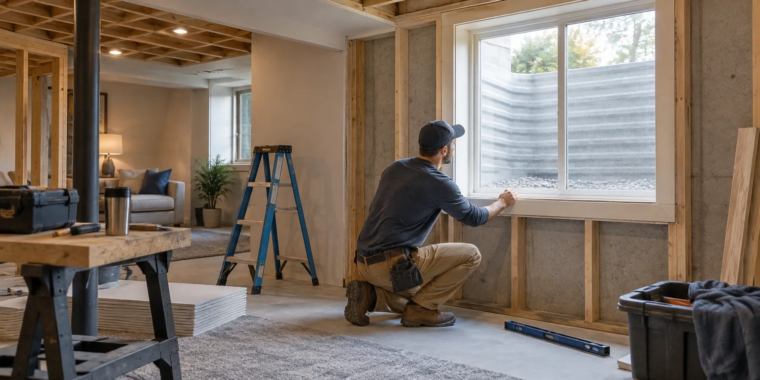 Illustration of a contractor checking a basement window beside unfinished framing and finishing materials.