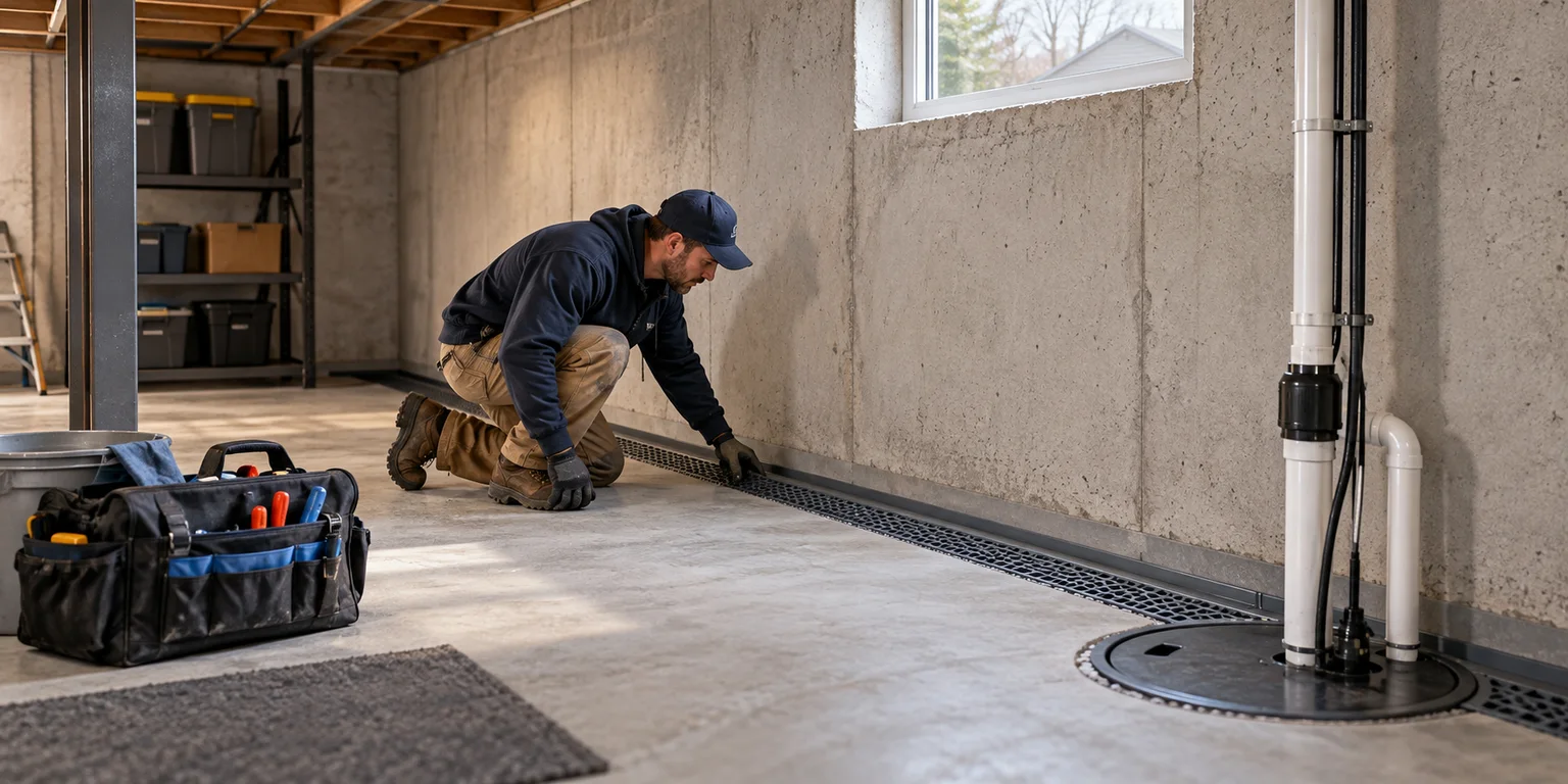 Illustration of a contractor checking a basement perimeter drain beside a sump basin.