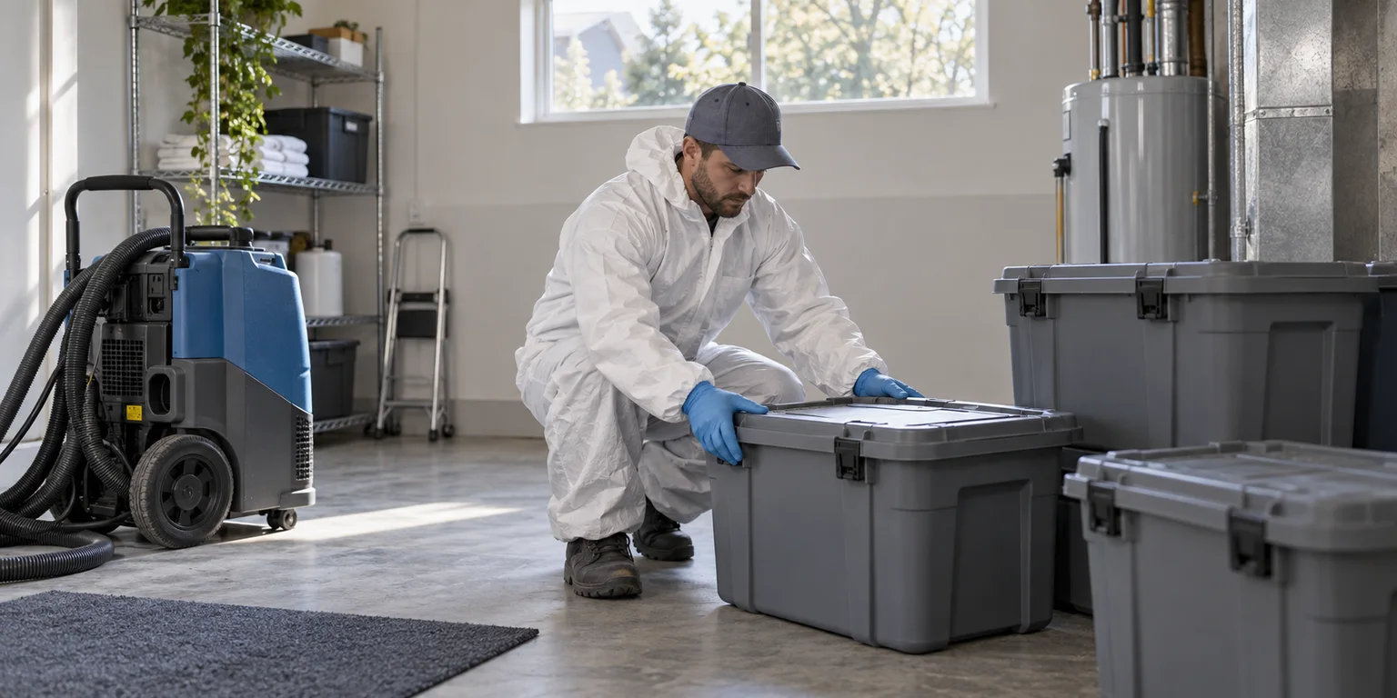 Illustration of a cleanup worker organizing sealed containers and extraction equipment in a utility room.