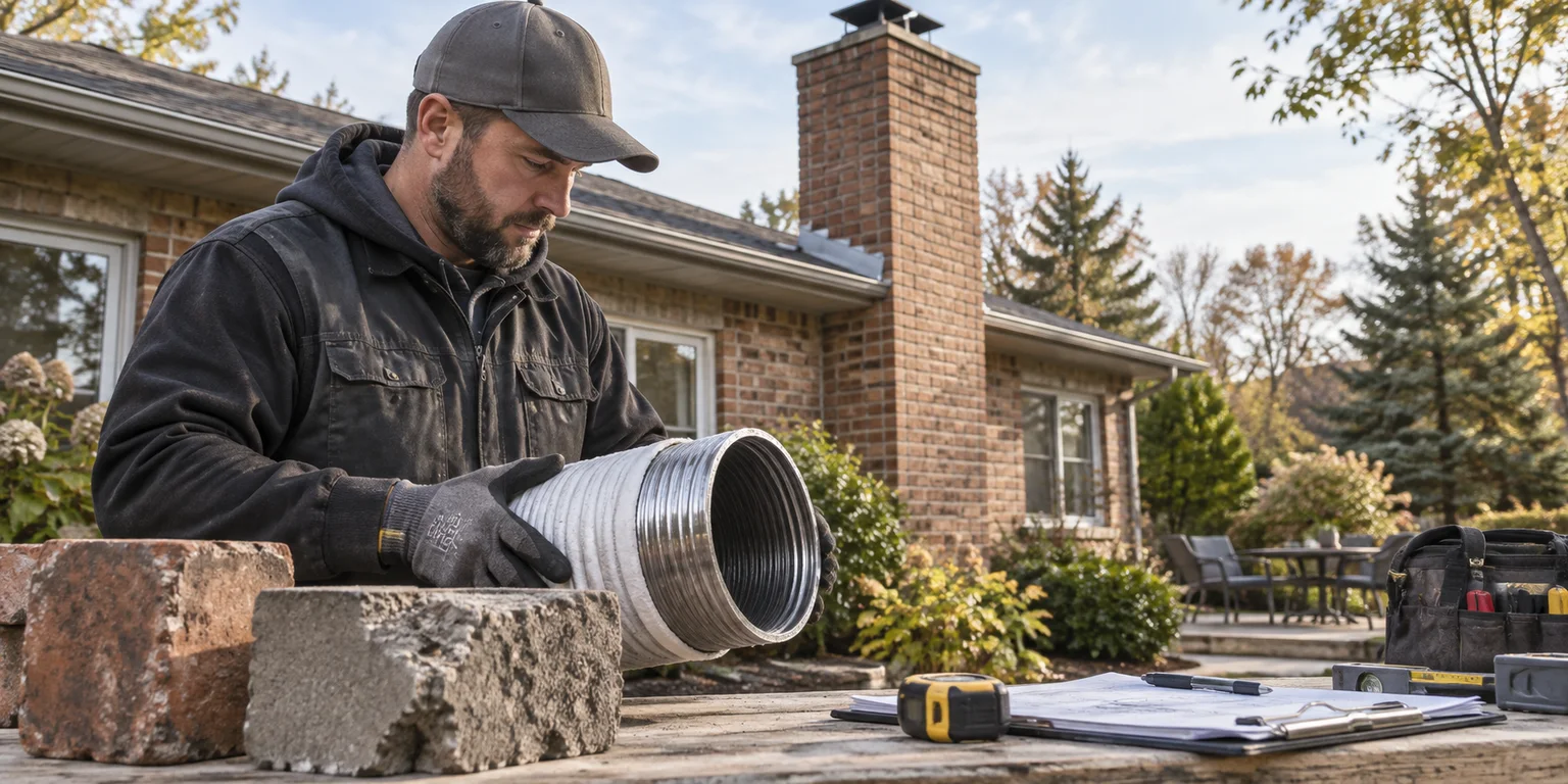 Illustration of a chimney technician reviewing a metal flue liner and masonry samples beside a brick house.
