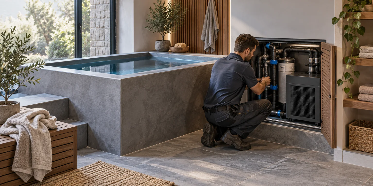Illustration of an indoor cold-plunge basin with a technician working at an open filtration and chiller cabinet.