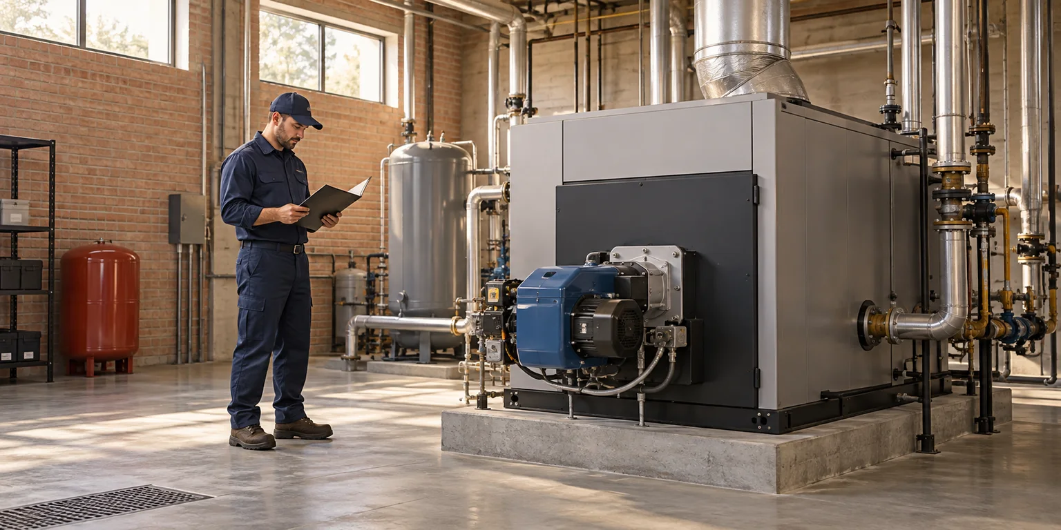 Illustration of a technician reviewing a large boiler, burner assembly and service piping in a brick mechanical room.