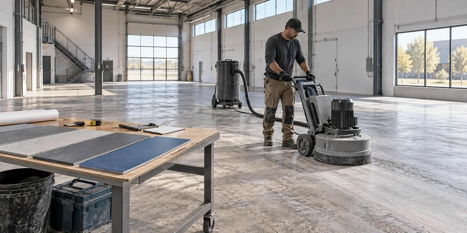 Illustration of a technician preparing a commercial workshop floor beside coating sample boards.