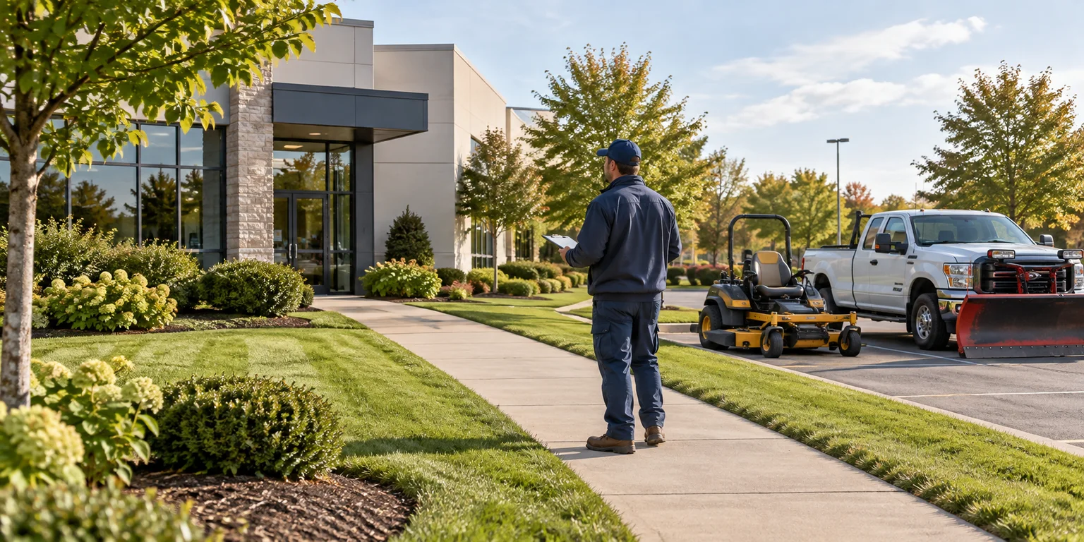 Illustration of a grounds contractor reviewing a landscaped commercial property beside a mower and snowplow-equipped truck.