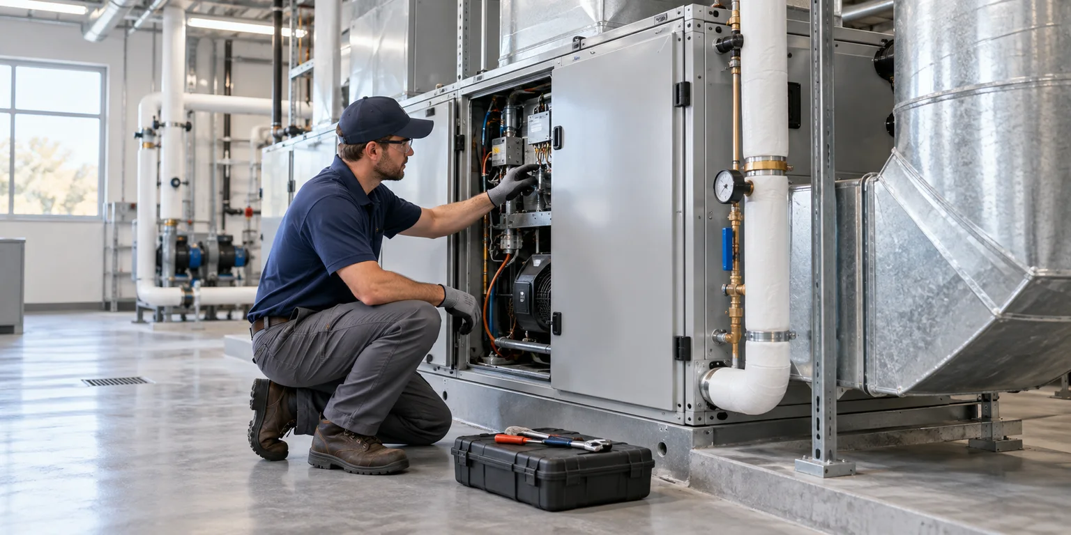 Illustration of a technician checking a commercial air-handling unit in a facility mechanical room.