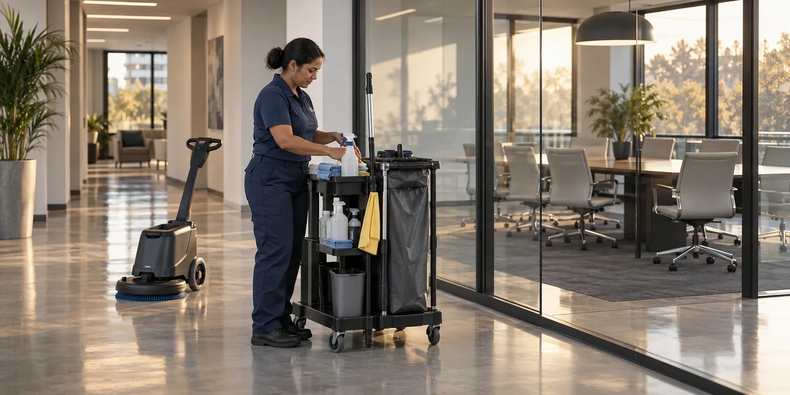 Illustration of a janitorial professional preparing a cleaning cart beside an empty office meeting room and floor-care machine.
