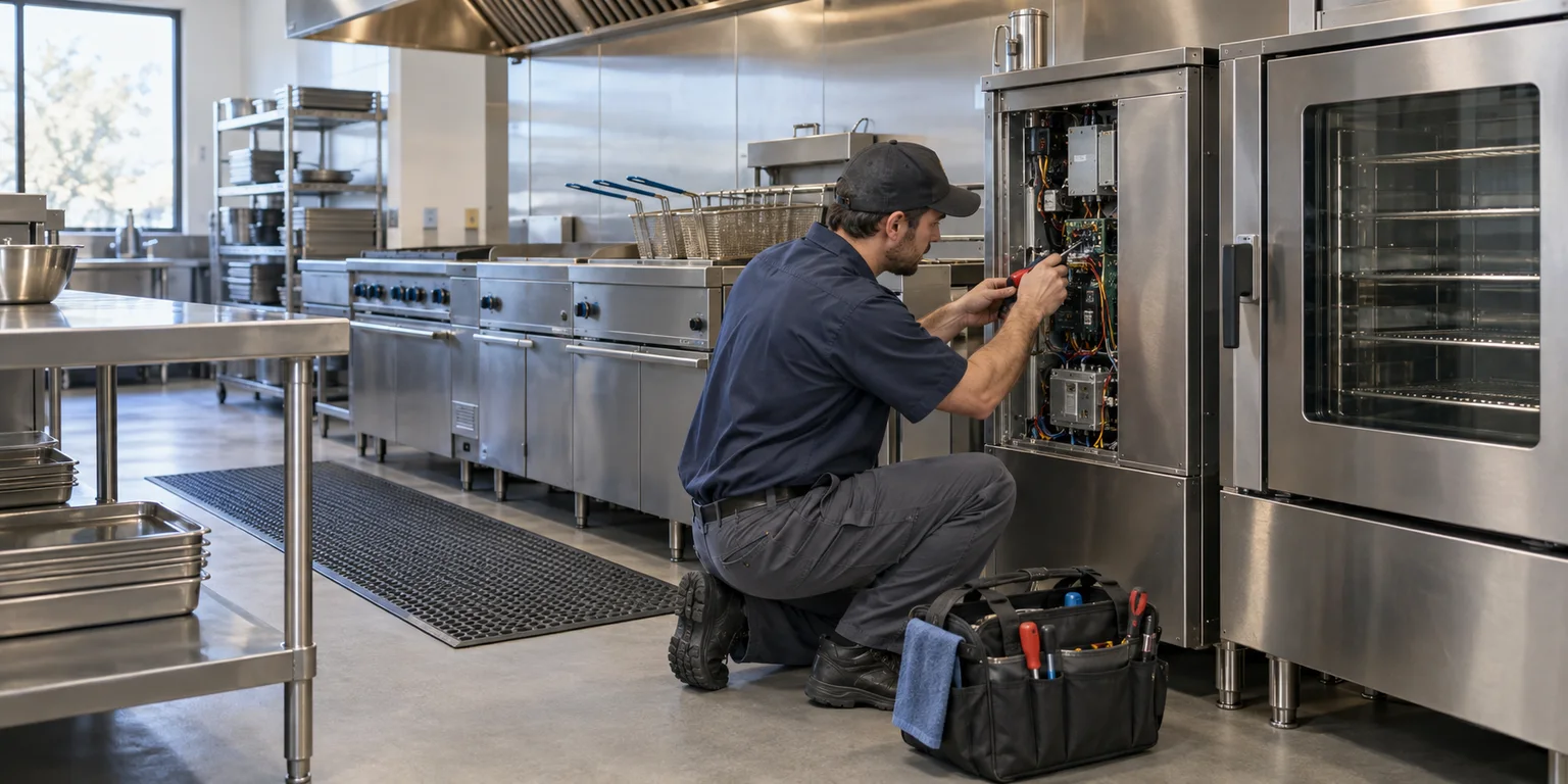 Illustration of a technician servicing a stainless-steel commercial oven beside a restaurant cooking line.