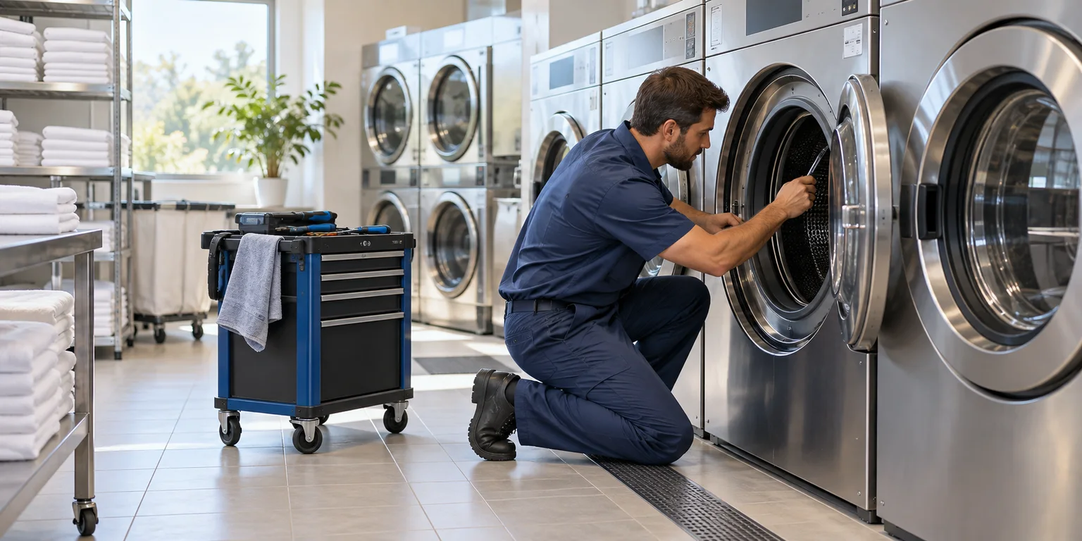 Illustration of a technician checking a commercial washer beside laundry machines, folded linens and a tool cart.