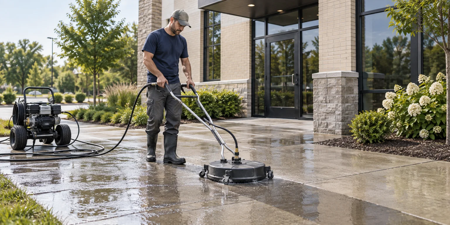 Illustration of a worker cleaning a commercial concrete walkway with a circular surface cleaner.