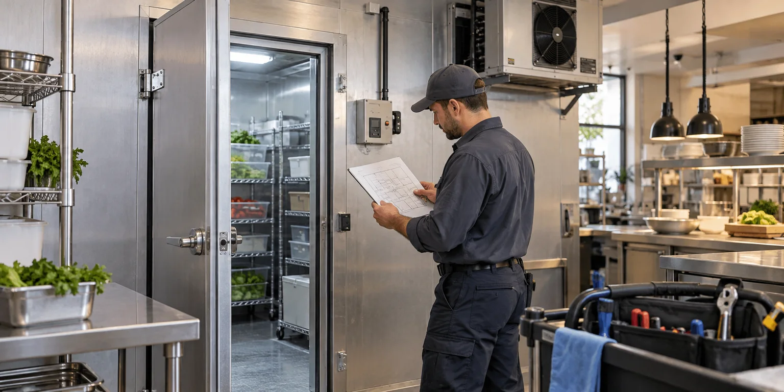 Illustration of commercial refrigeration assessment with walk-in equipment and service tools.