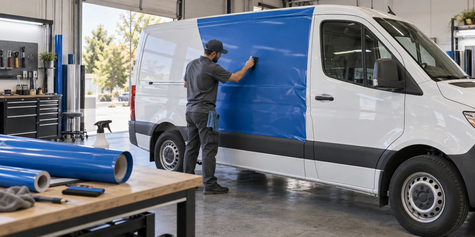 Illustration of an installer applying plain blue vinyl to a white commercial van in a graphics workshop.