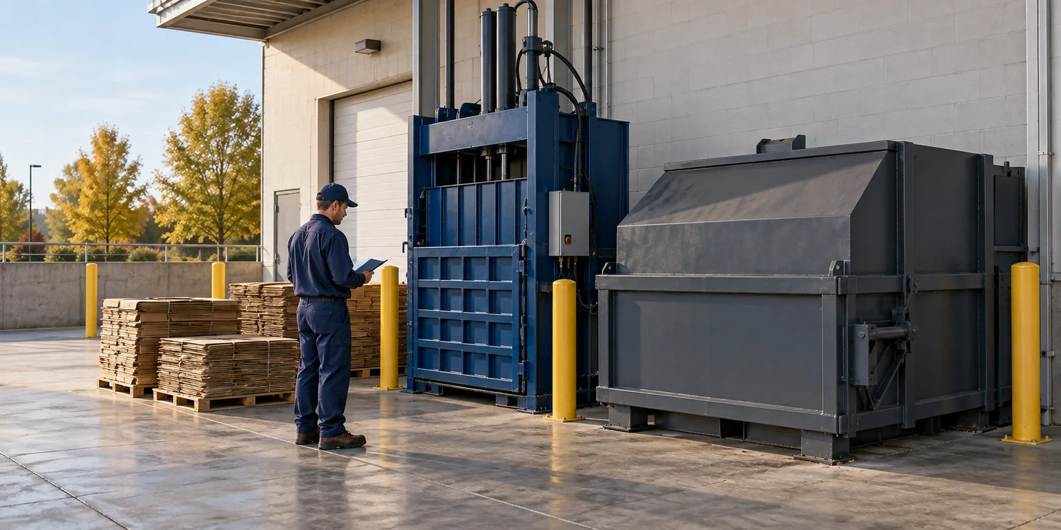 Illustration of a technician reviewing a cardboard baler and closed compactor beside a warehouse.