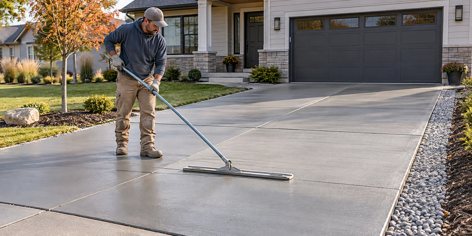 Illustration of a worker finishing a concrete driveway beside a modest home.