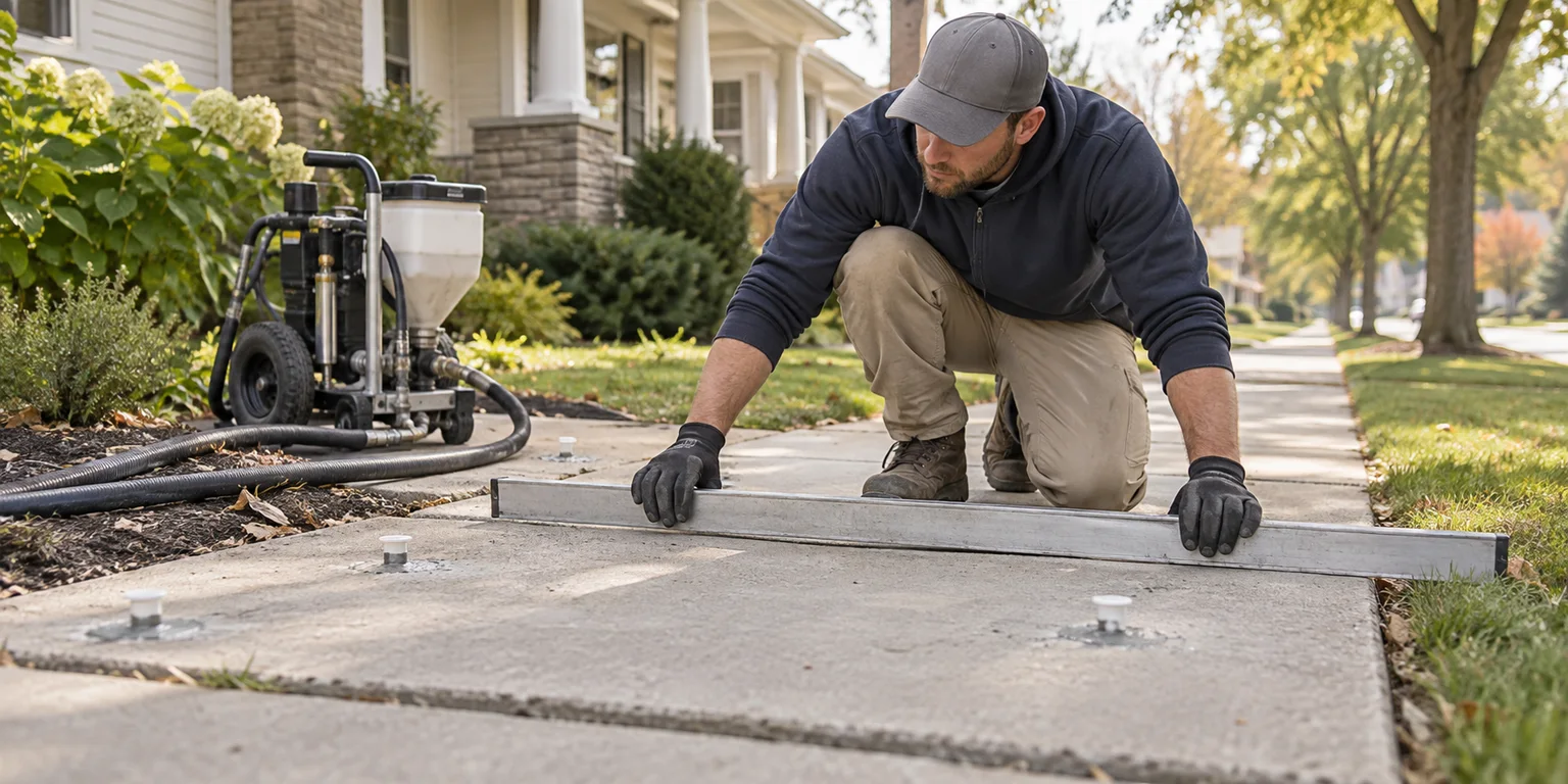 Illustration of a concrete technician checking sidewalk alignment beside an injection-hose unit and repair ports.