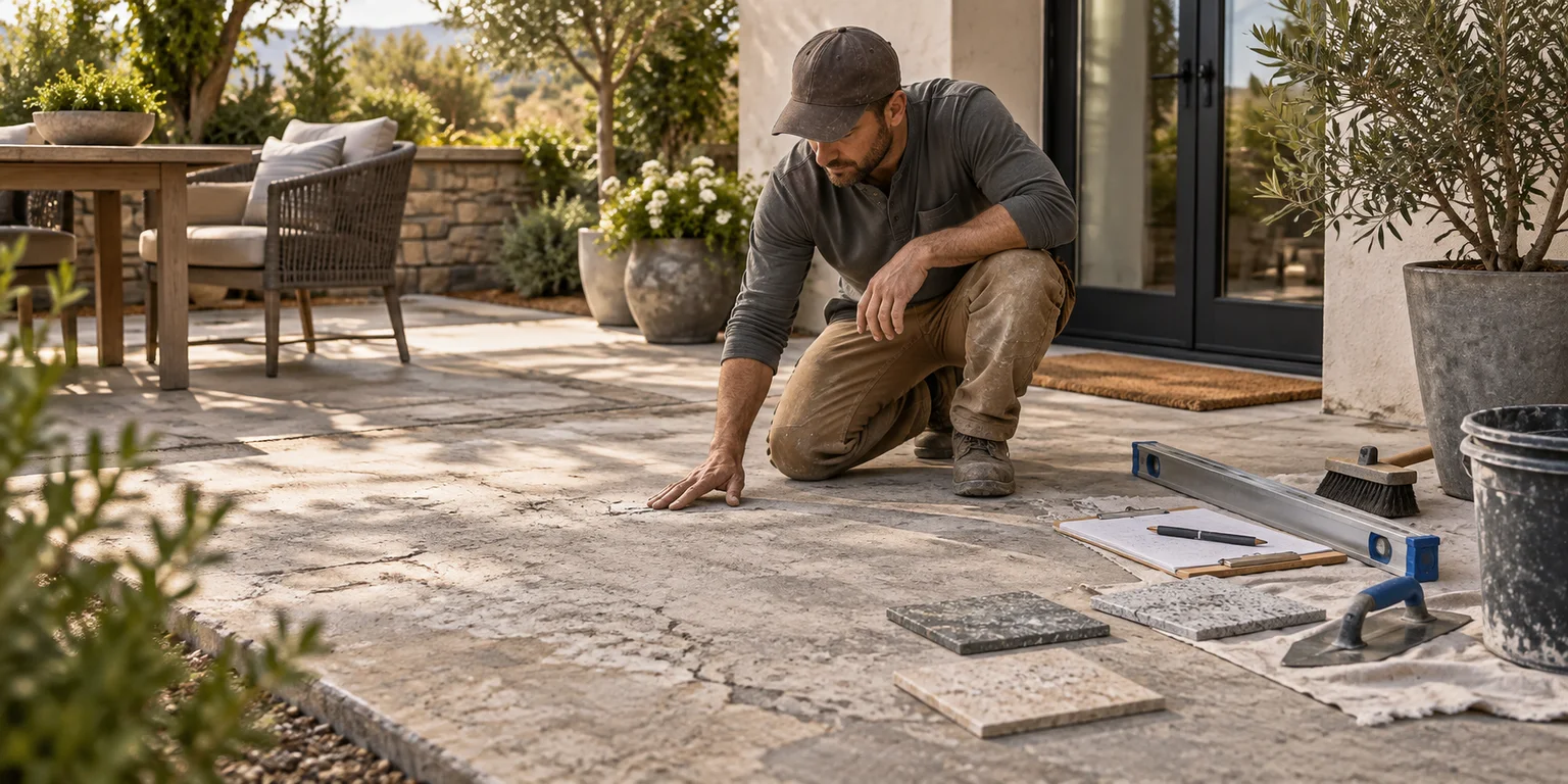 Illustration of concrete resurfacing planning with a worn patio, surface samples and preparation tools.