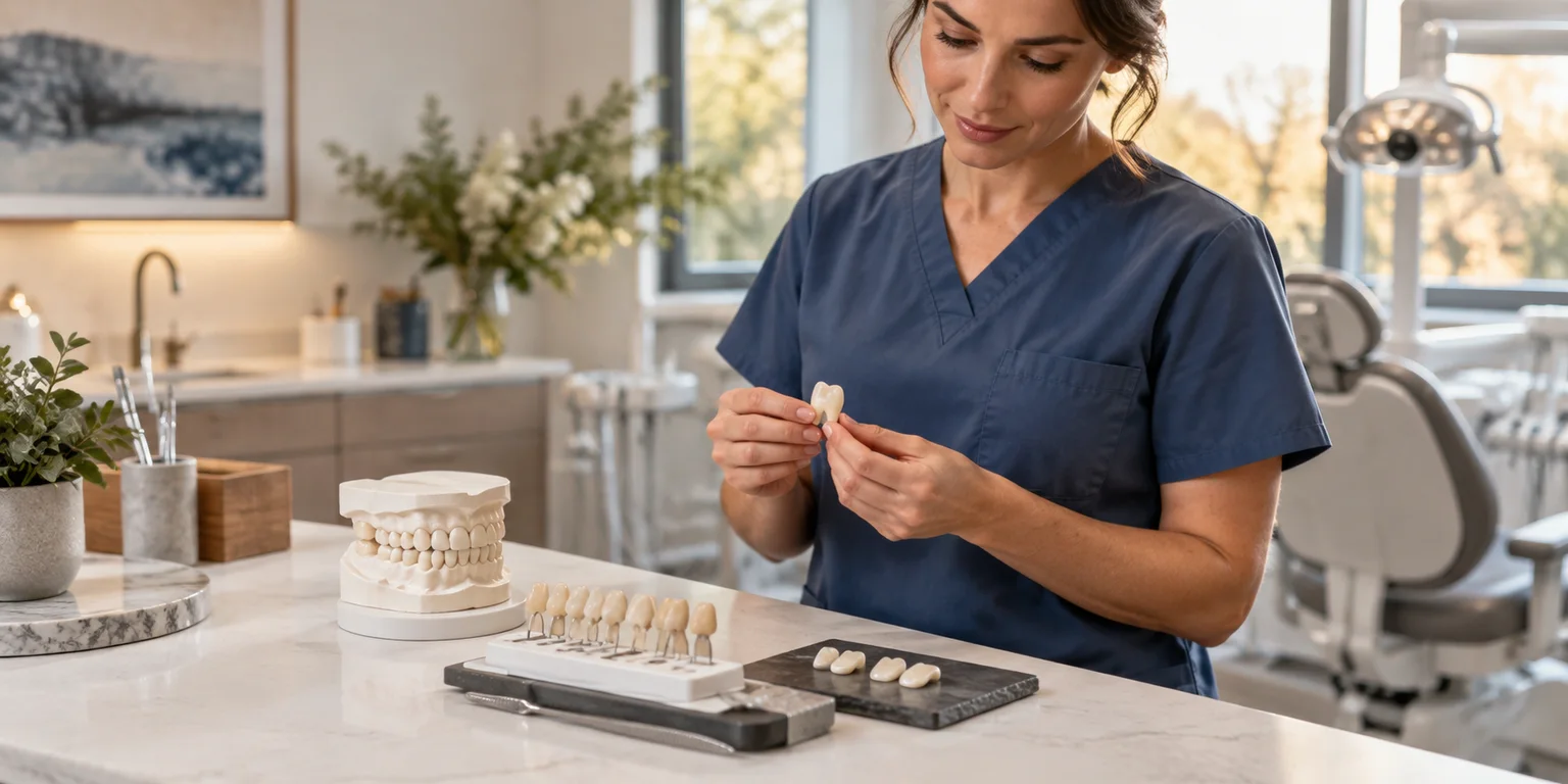 Illustration of a dental clinician reviewing shade samples and veneer demonstration pieces beside a tooth model.