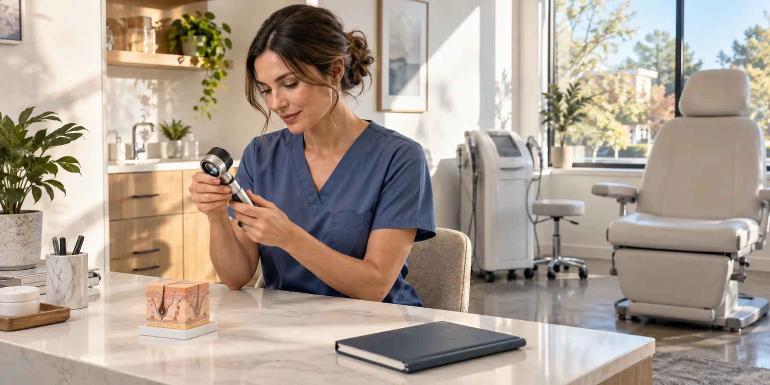 Illustration of a clinician reviewing a dermatoscope beside a skin model and empty treatment chair.
