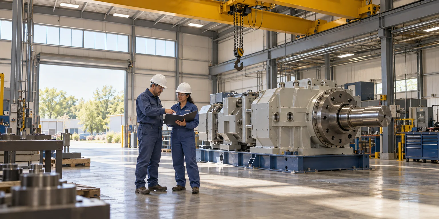 Illustration of two technicians reviewing equipment beneath an overhead crane and unloaded hoist in a factory bay.