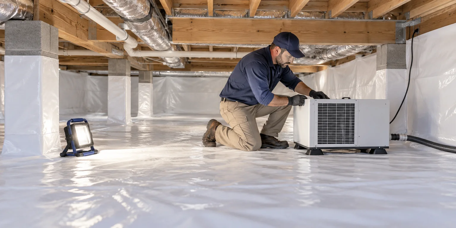 Illustration of an encapsulated crawl space with white liner and a technician beside a dehumidification unit.