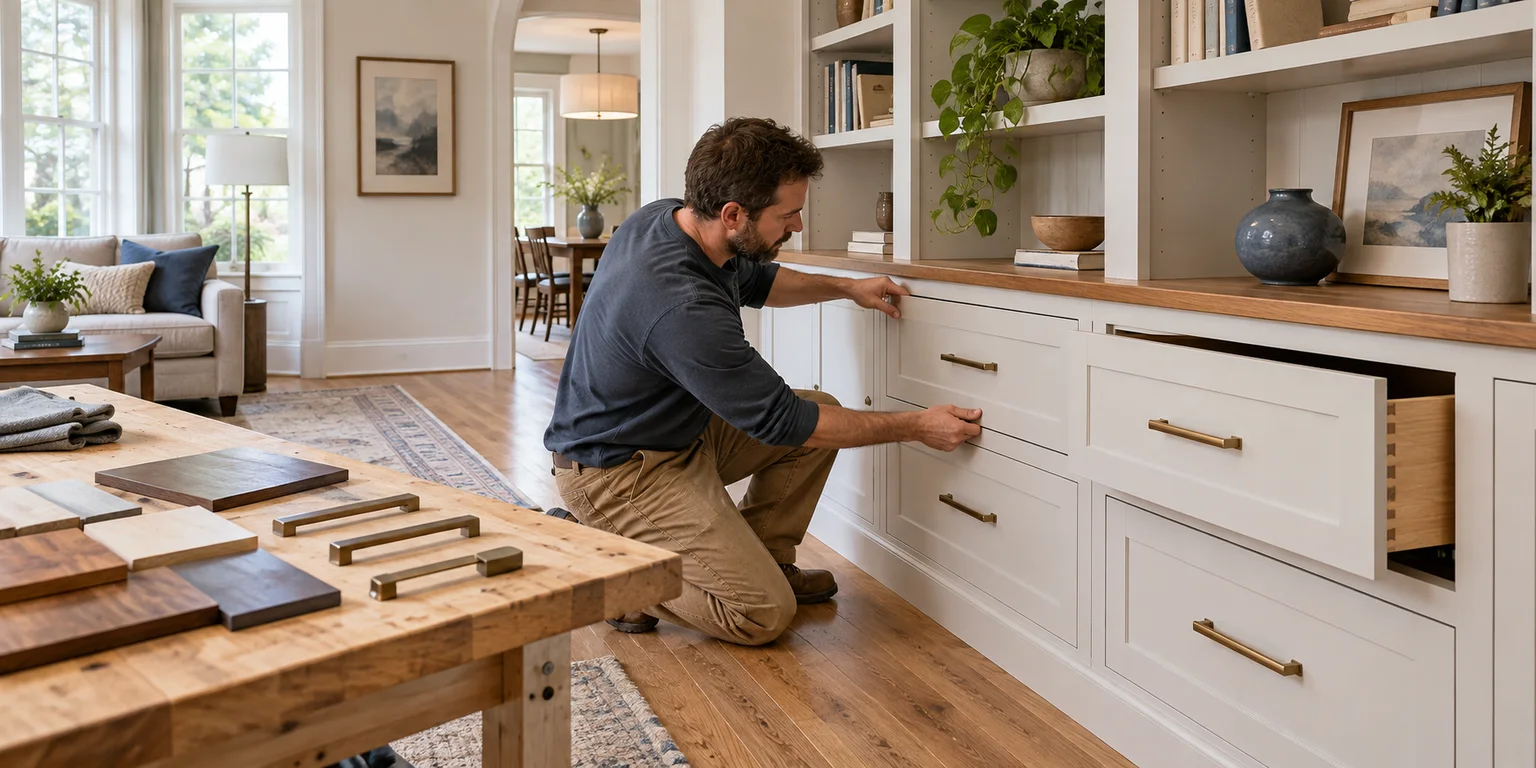 Illustration of a cabinetmaker adjusting fitted drawers beside wood-finish and hardware samples.