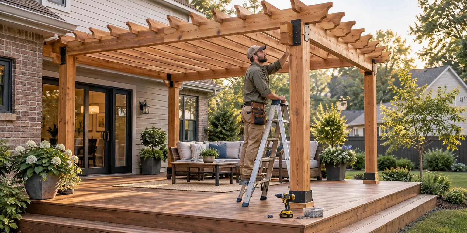 Illustration of a carpenter checking a cedar pergola above a newly built deck.