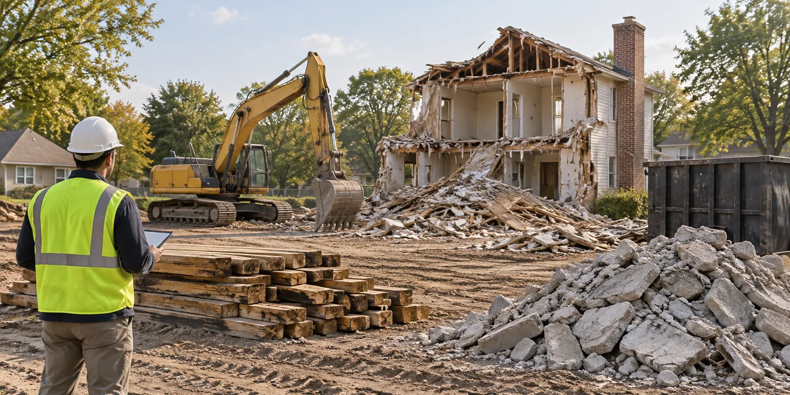 Illustration of a demolition worksite with an excavator, partly dismantled building and sorted materials.