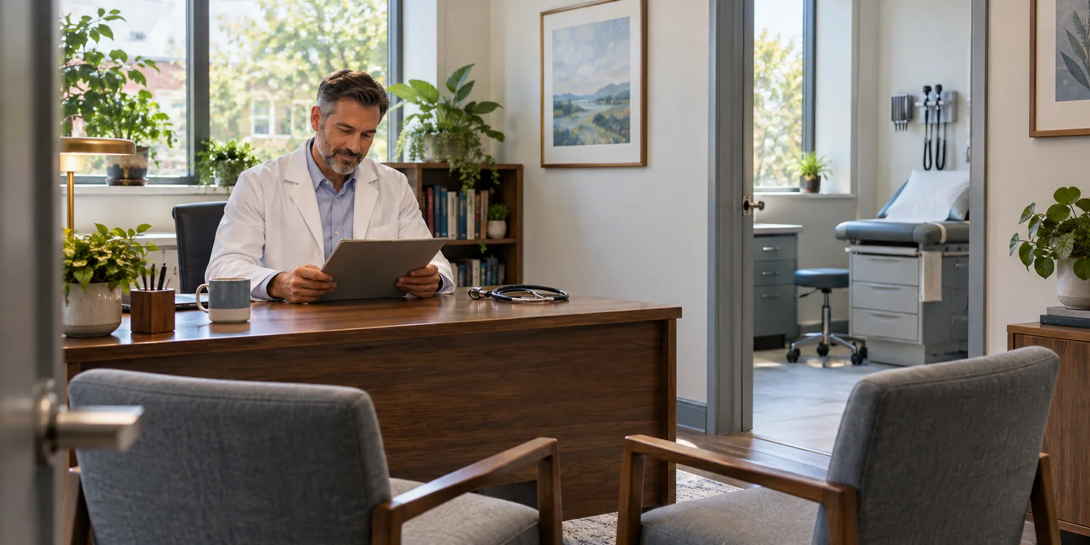 Illustration of a physician reviewing a folder at a desk with empty visitor chairs and an examination room beyond.