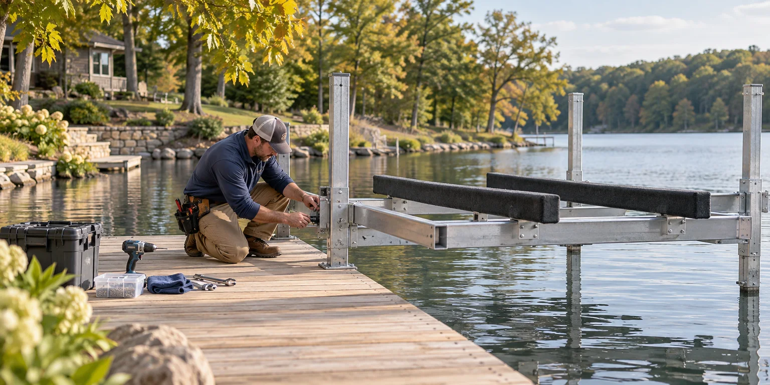 Illustration of a contractor checking a boat-lift bracket beside a wooden dock.