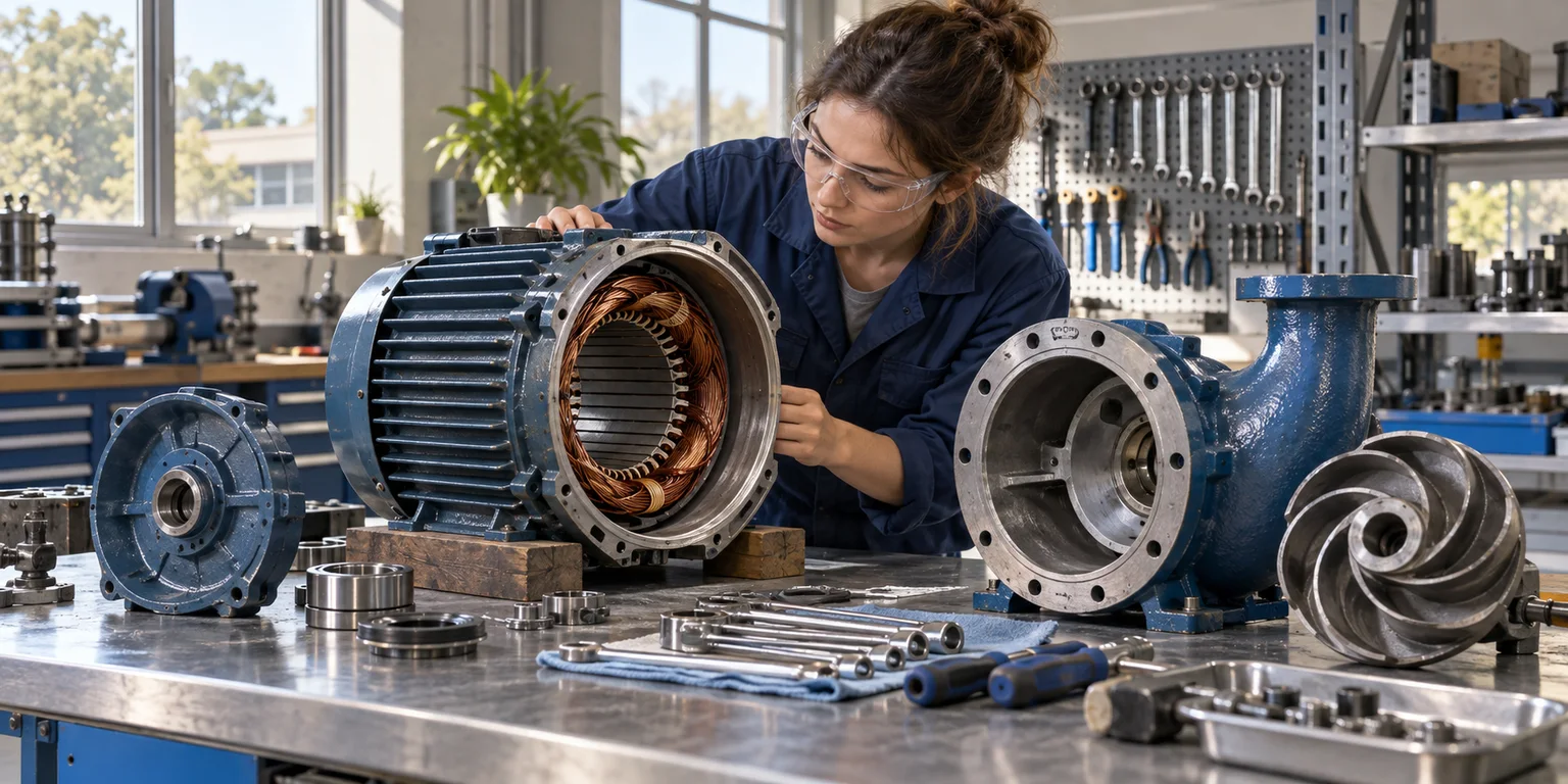Illustration of a technician inspecting an electric motor with exposed copper windings beside pump components on a workshop bench.