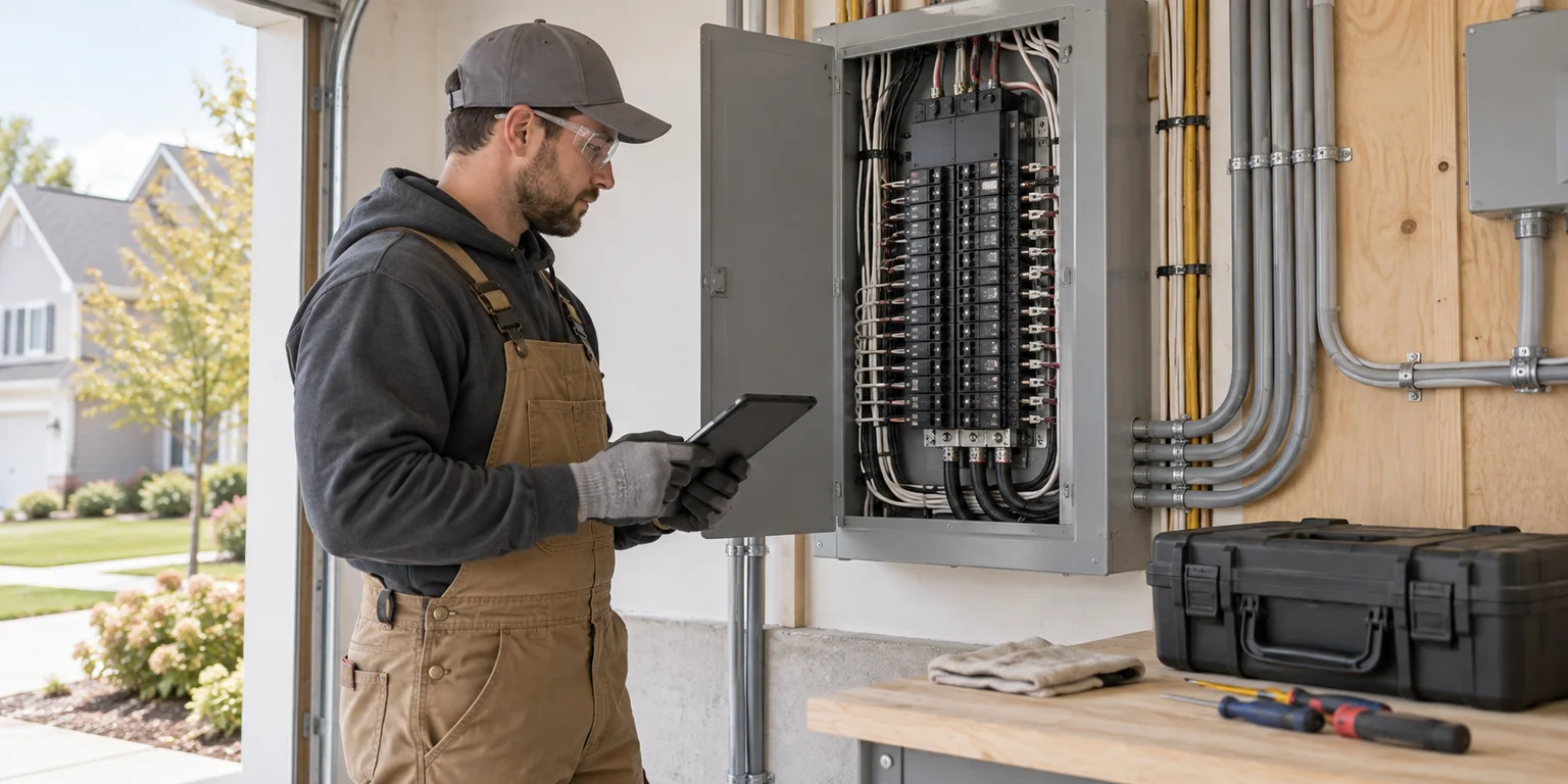 Illustration of an electrician reviewing a breaker-panel installation with tidy cable routing and tools.