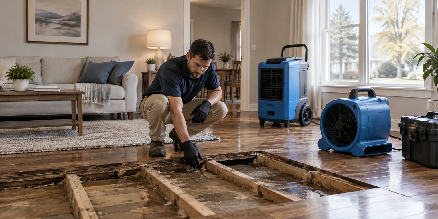 Illustration of a restoration technician assessing opened flooring beside an air mover and dehumidifier.