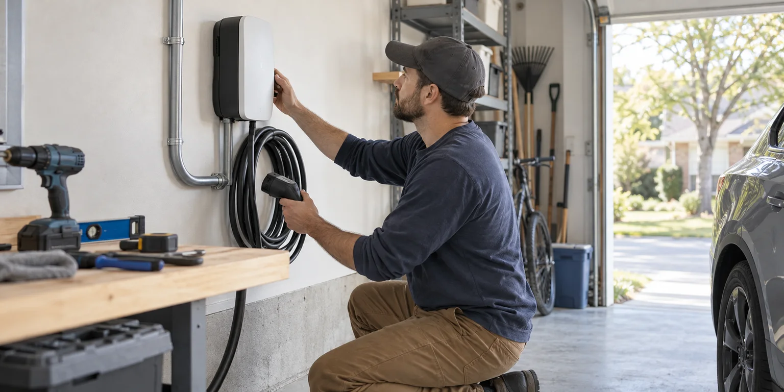 Illustration of a technician checking a wall-mounted EV charger and cable in a residential garage.