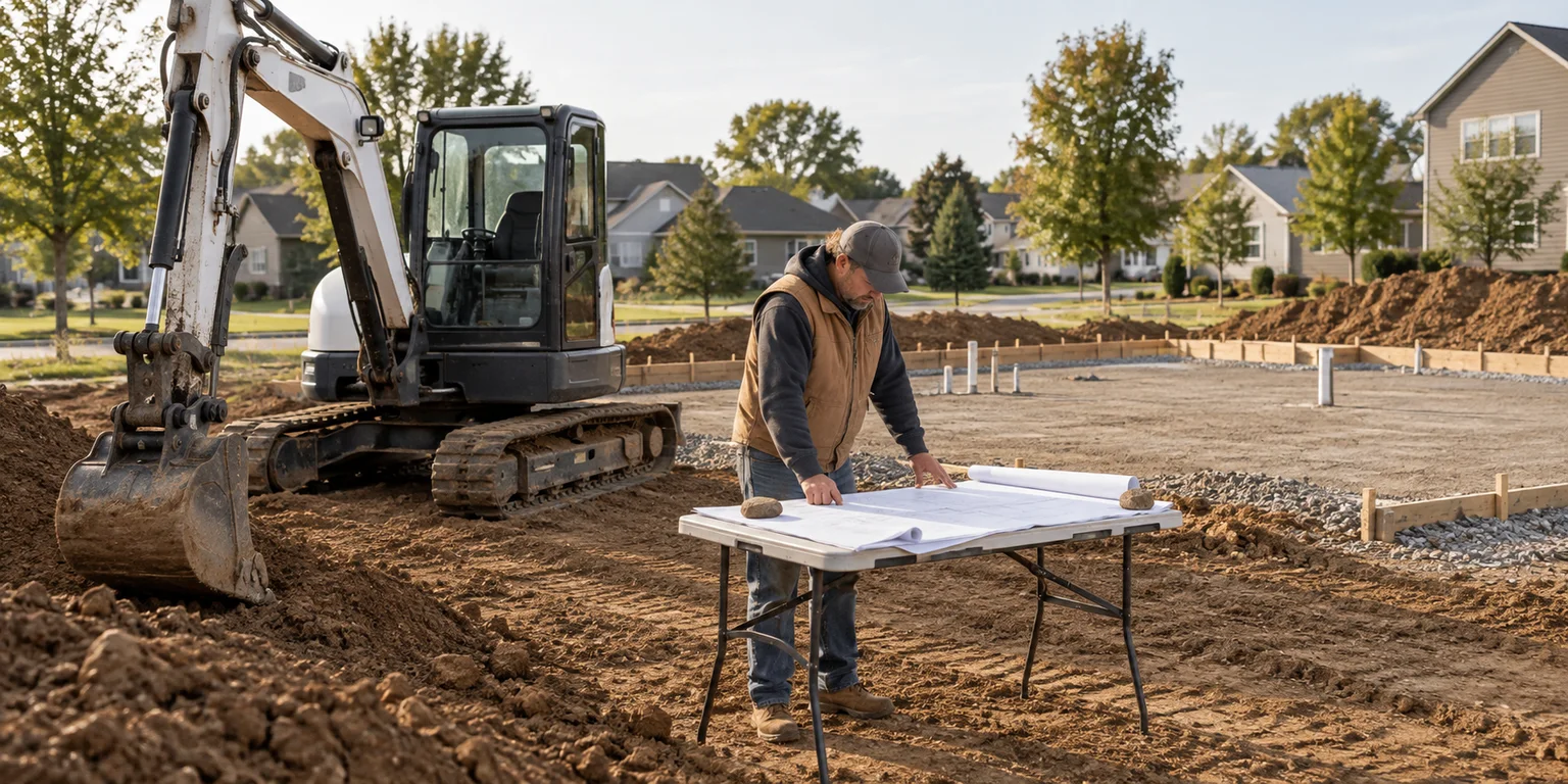 Illustration of a contractor reviewing a graded building pad beside an excavator and site plan.