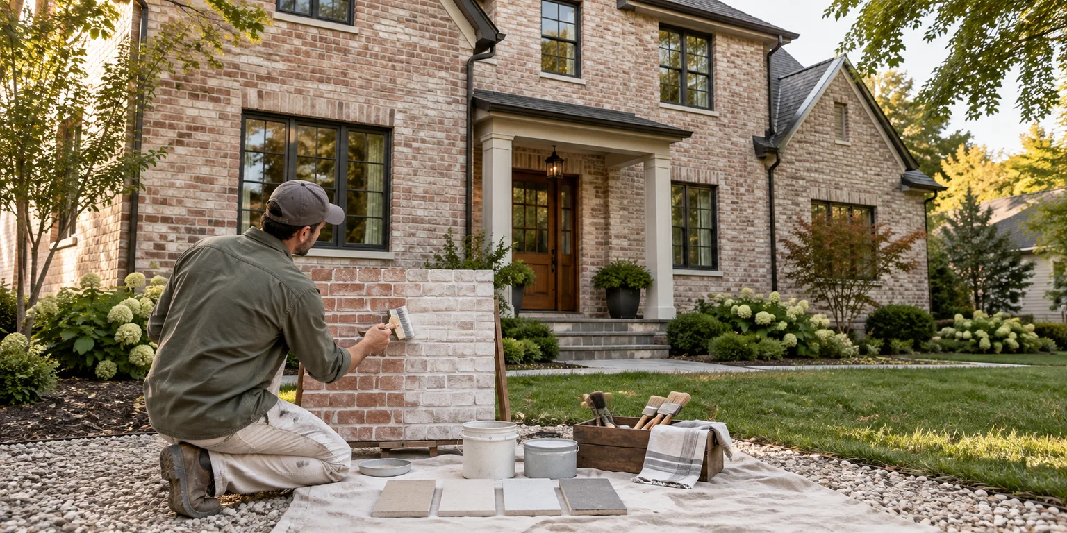 Illustration of a painter testing limewash on a brick sample panel beside a brick home.