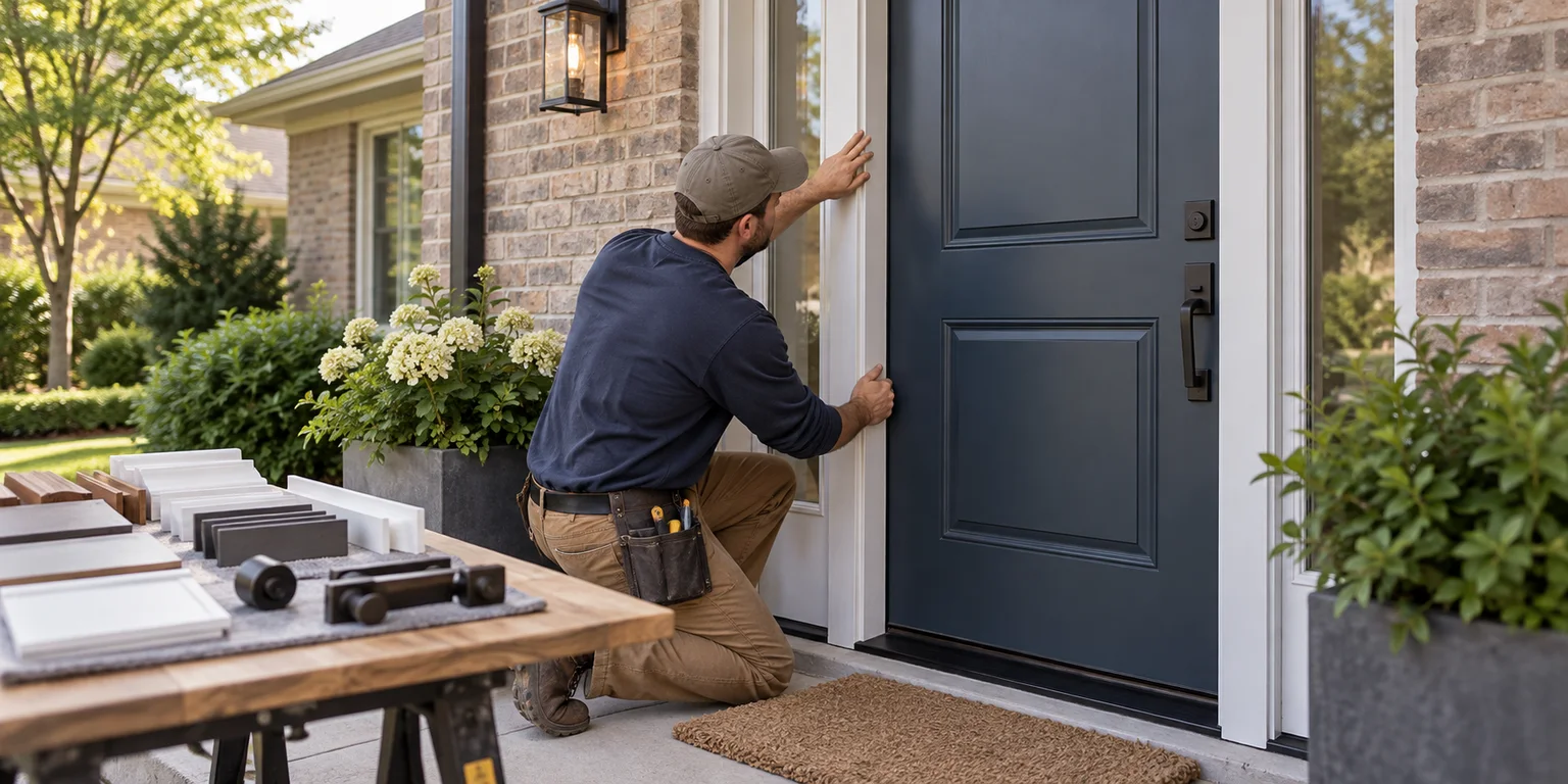 Illustration of an installer checking a new front entry door beside trim and hardware samples.
