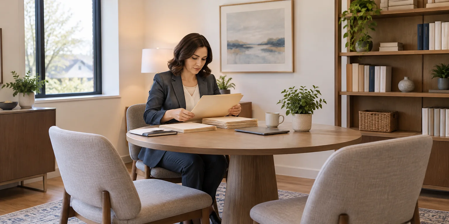 Illustration of an attorney organizing case folders at a round consultation table with empty visitor chairs.