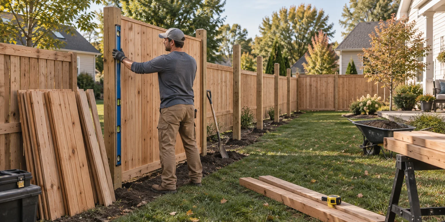 Illustration of a fence installer aligning cedar panels and posts in a suburban yard.