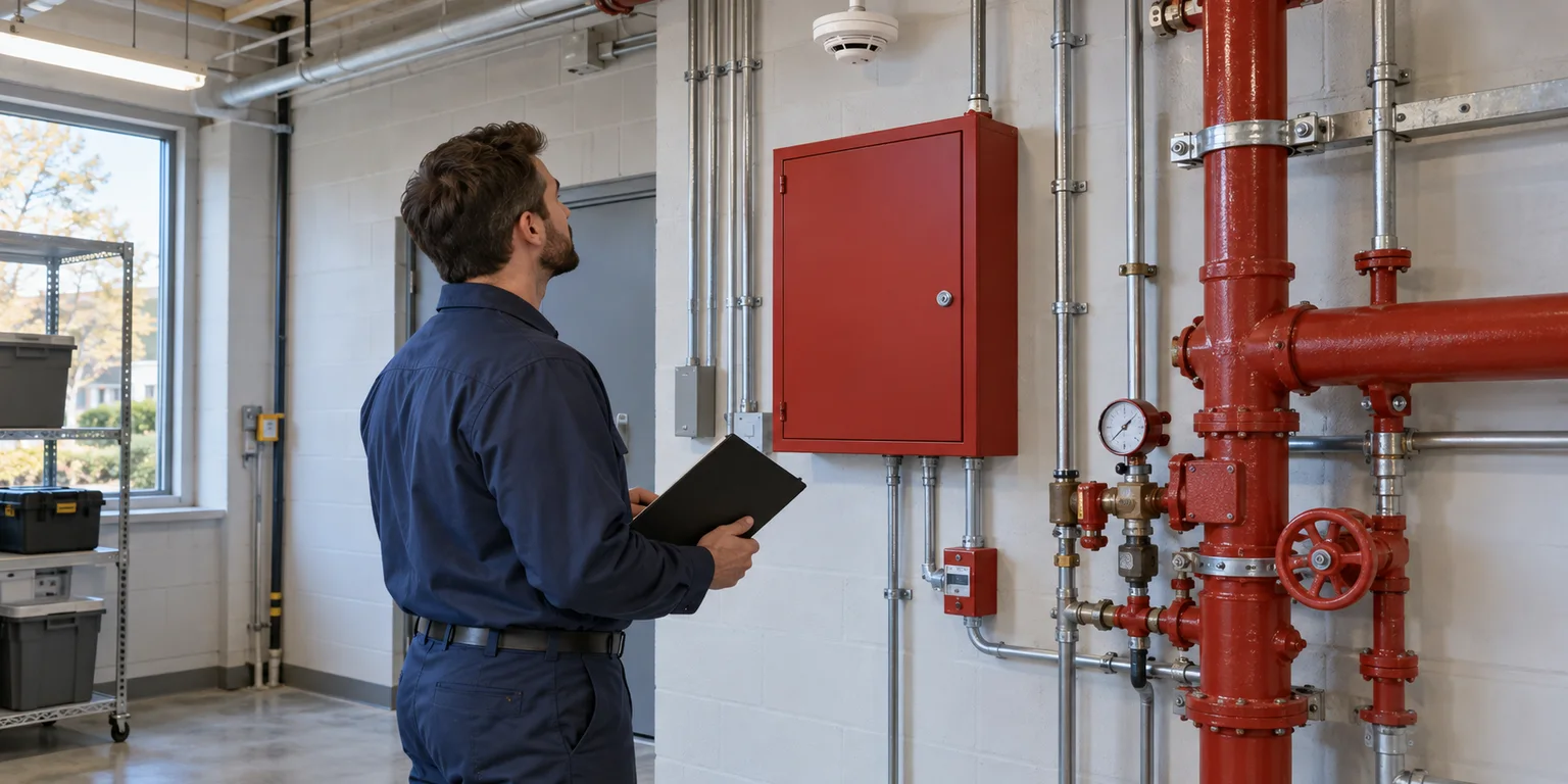 Illustration of a technician reviewing a red fire alarm enclosure and suppression piping in a commercial utility room.