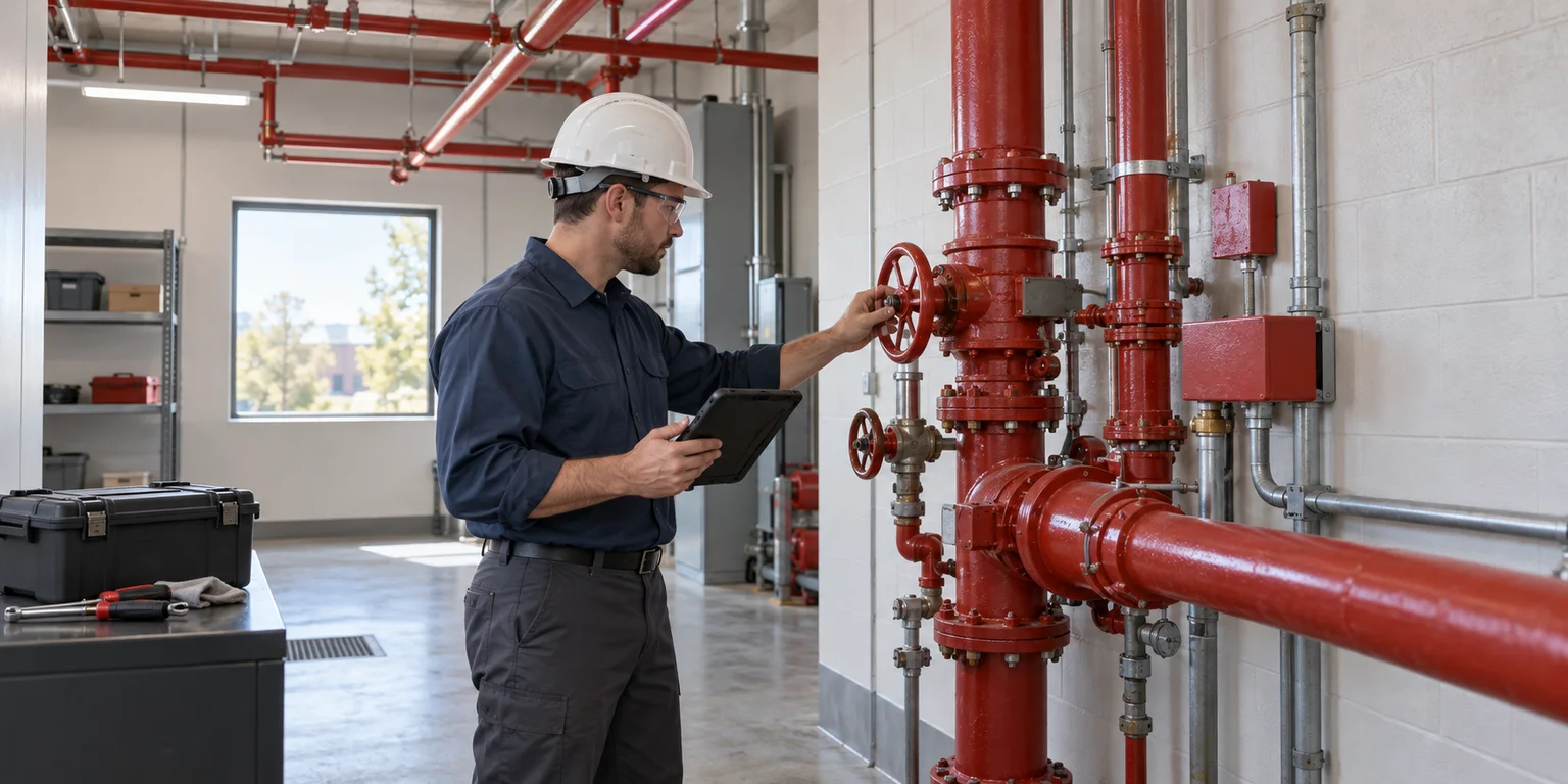Illustration of a technician reviewing a fire-sprinkler valve assembly and red pipe network.