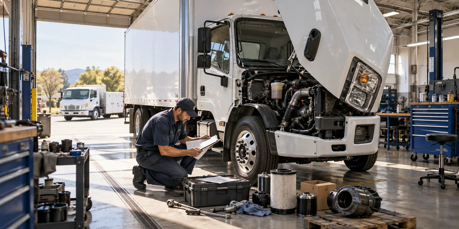 Illustration of fleet truck repair planning inside an independent service workshop.
